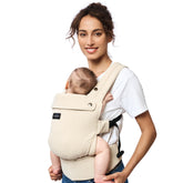 Momcozy baby carrier showcases natural cotton linen for breathable comfort.