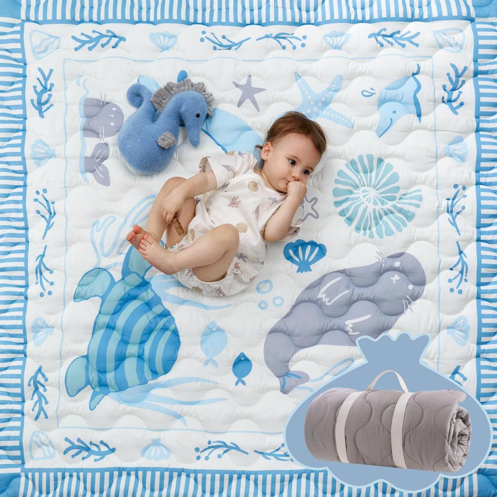 Momcozy baby play mat 50x50 area provides a generous, safe tummy time space.