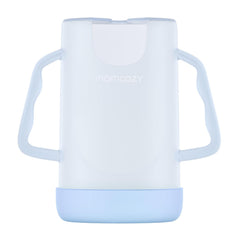 Momcozy No Squeeze pouch holder in blue keeps pouches mess-free during meals