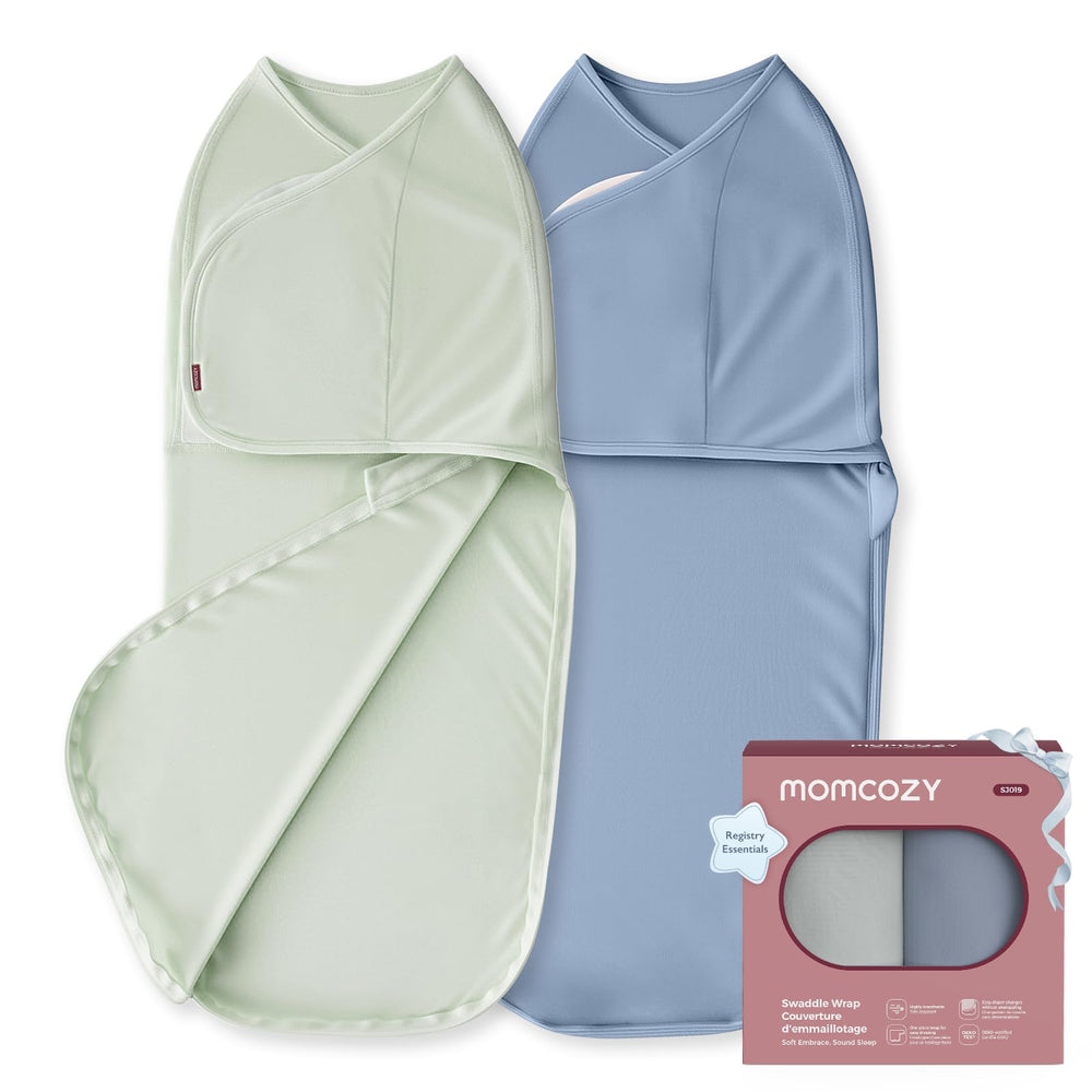 Momcozy baby swaddle two-step design promotes quick, snug wrapping.