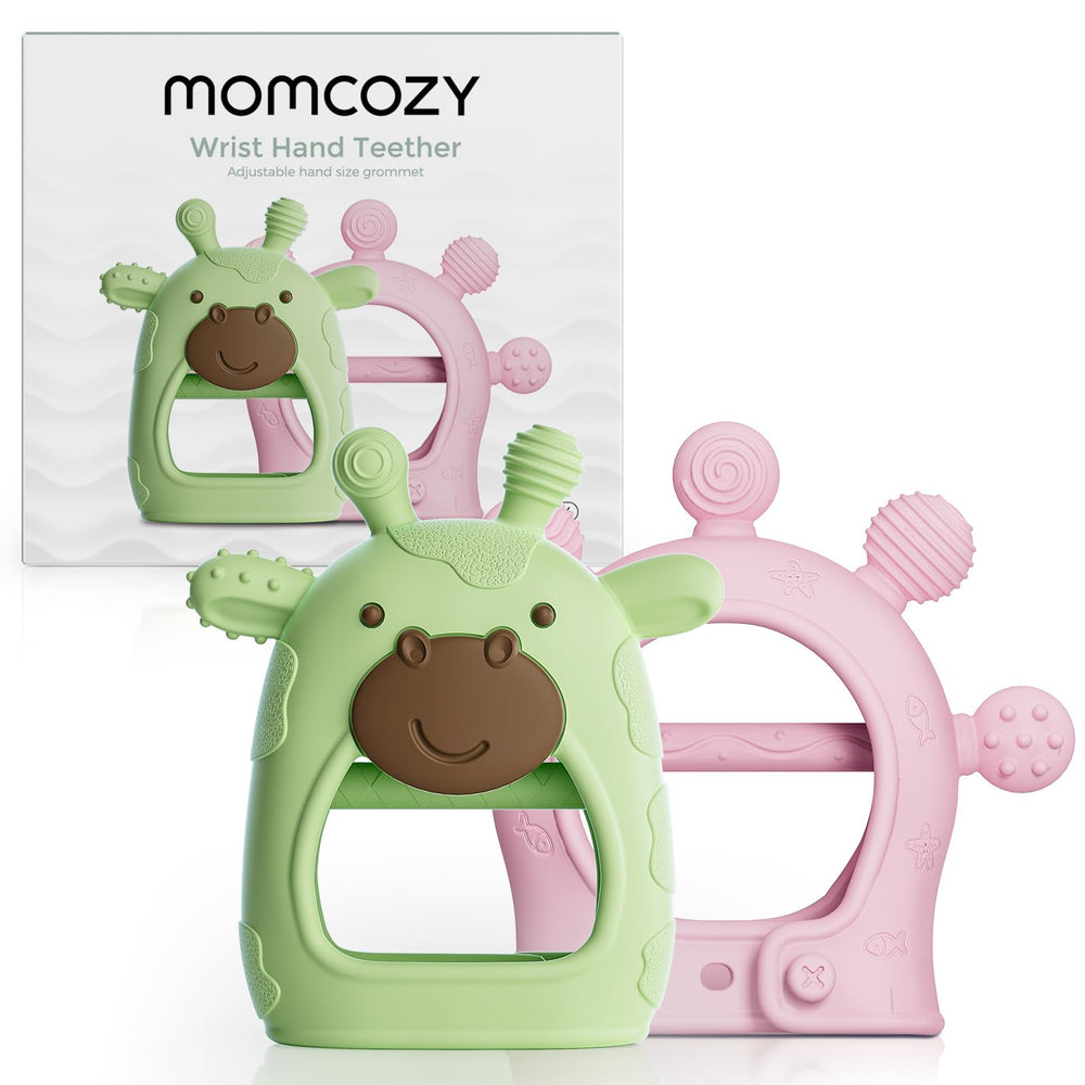 Momcozy baby teether green close-up emphasizing soothing silicone for teething relief.