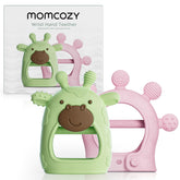 Momcozy baby teether green close-up emphasizing soothing silicone for teething relief.