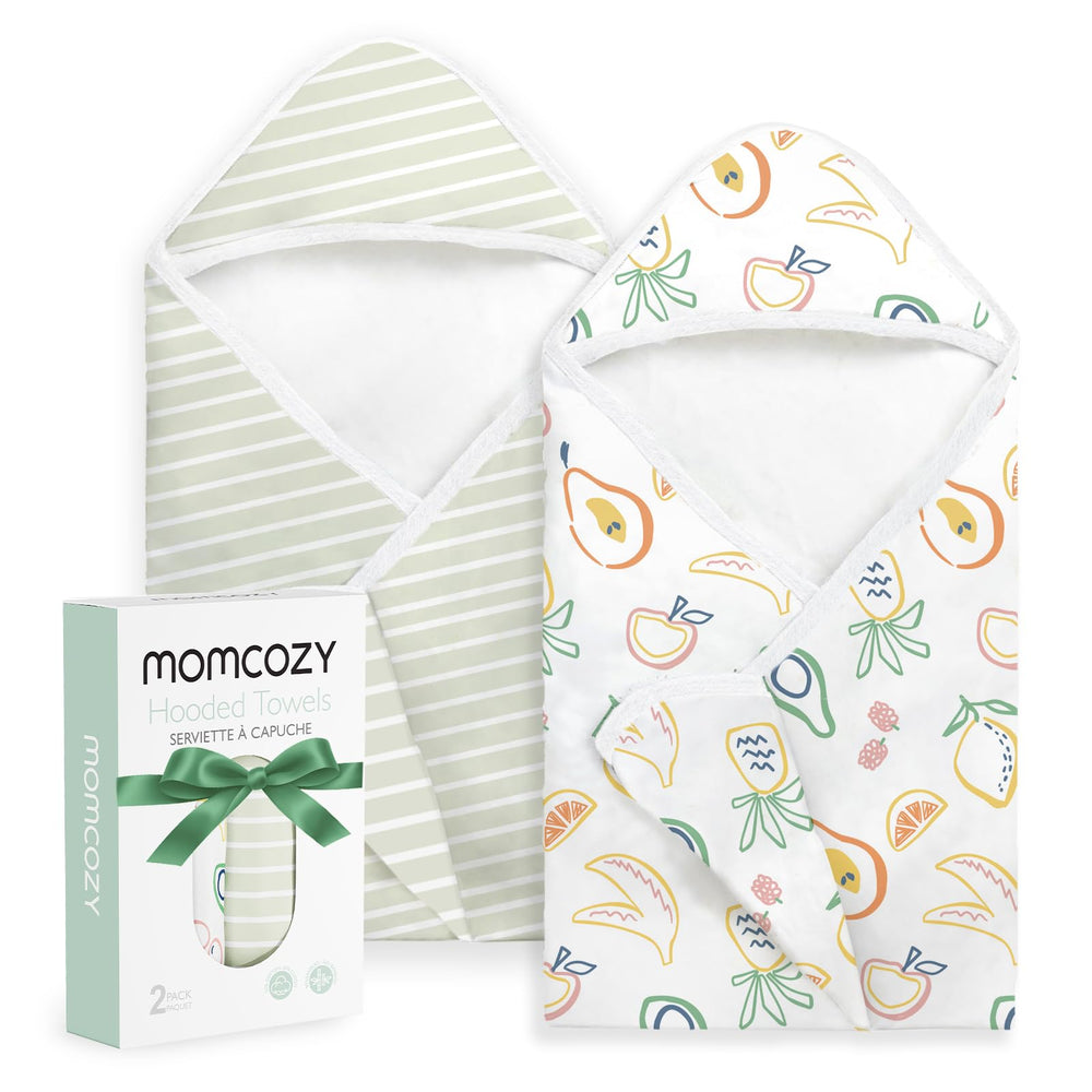 Momcozy hooded baby towel with soft wrap for cozy post-bath warmth.