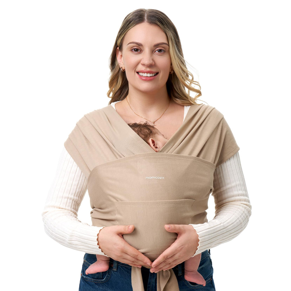 Momcozy Baby Wrap Carrier Light Curry front view for hands-free bonding