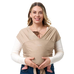 Momcozy Baby Wrap Carrier Light Curry front view for hands-free bonding