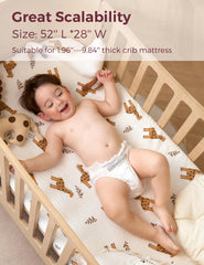 Momcozy Bravery Giraffe crib sheet with 360 wrap keeps sheet secure all night.