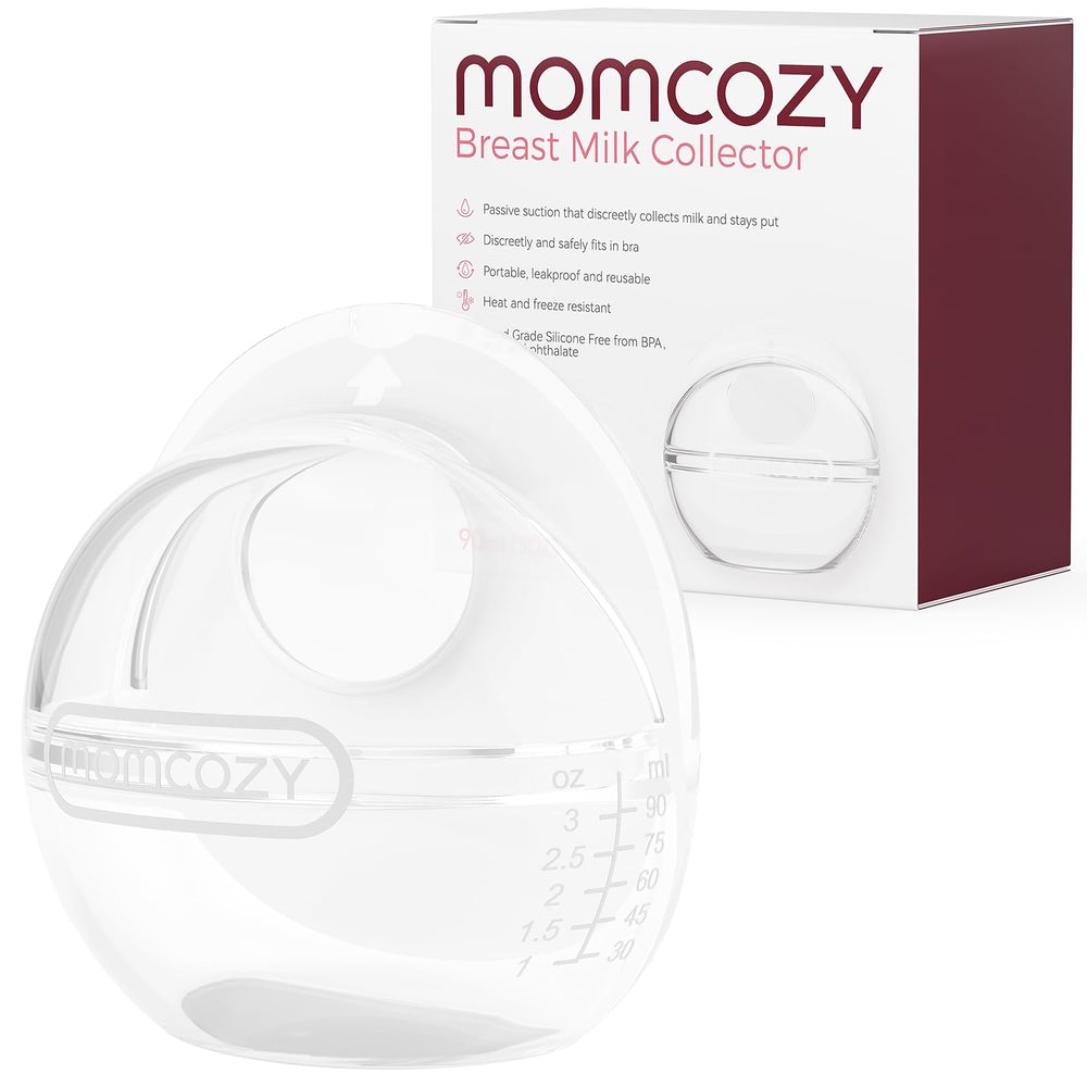 Momcozy breast milk collector on a nursing bra for convenient hands-free milk capture.