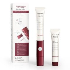 Momcozy ComfortNip pen close-up highlighting heat mode for faster absorption.