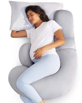 Momcozy cooling pregnancy pillow front view offering full-body support for comfortable sleep.