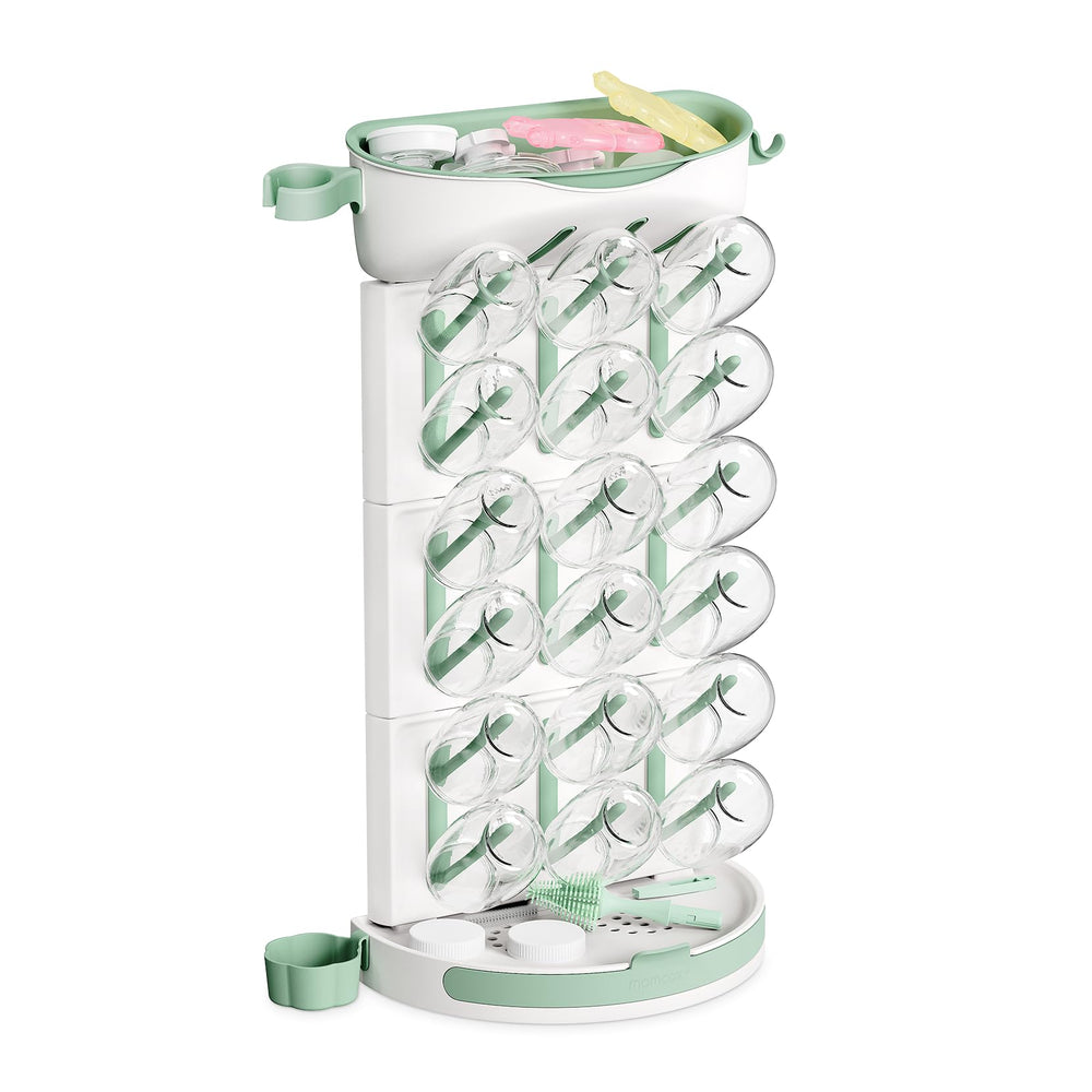 Momcozy DIY bottle drying rack fully loaded, showcasing 18-bottle capacity for organized drying