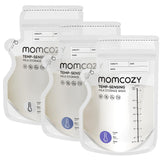 Momcozy Easy Pour bag shows temperature color change from purple to blue to white for handling cues