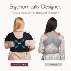 Momcozy ergonomic M-position supports baby's hips during carries.
