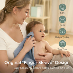 Momcozy finger-sleeve design washcloth enabling one-handed cleaning for baby comfort.