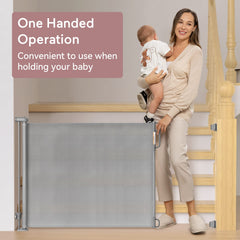 Momcozy gate lock button enables secure one-handed use.