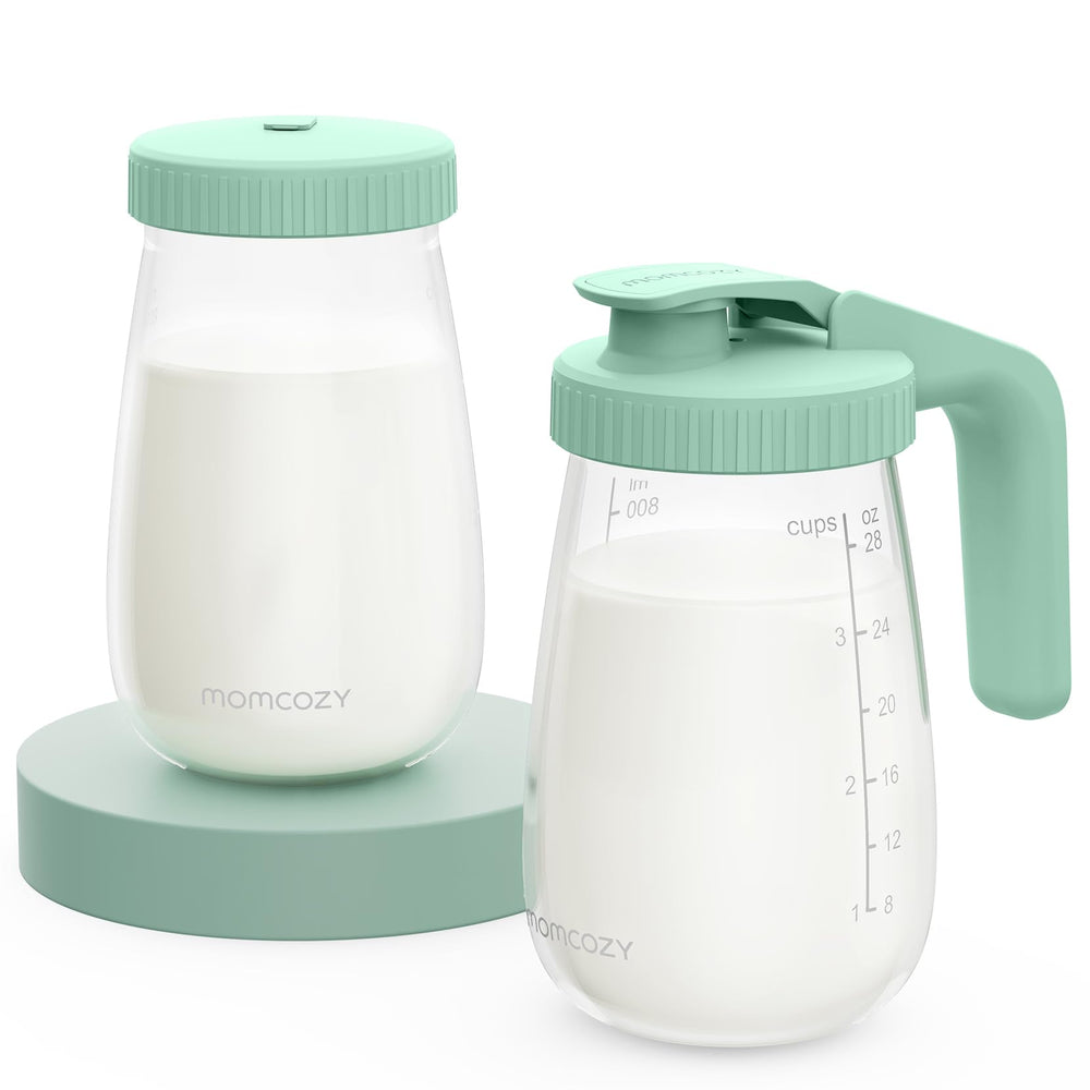 Momcozy glass breast milk pitcher with flat lid for compact storage and safe pouring.