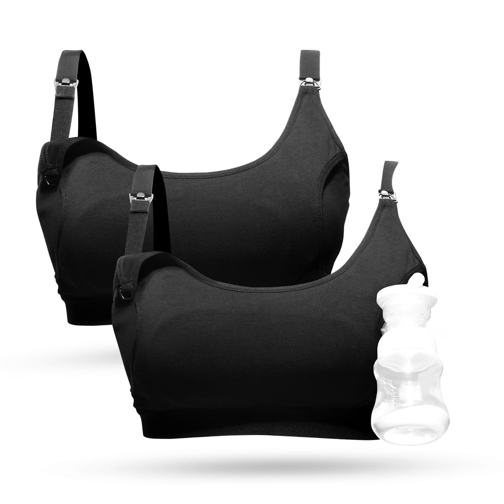 Momcozy hands-free pumping bra with X-structure for secure flange alignment.