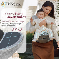 Momcozy hip seat carrier showing ergonomic lumbar support for back comfort