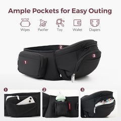 Momcozy hip-seat cradle position provides secure, ergonomic support.