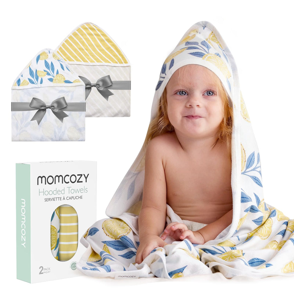 Momcozy Hooded Baby Towel Lemon Leaves front view showcasing soft viscose-cotton blend.