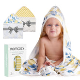 Momcozy Hooded Baby Towel Lemon Leaves front view showcasing soft viscose-cotton blend.