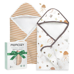 Momcozy hooded baby towel Ocean Whimsy pattern offers cloud-soft warmth after bath.