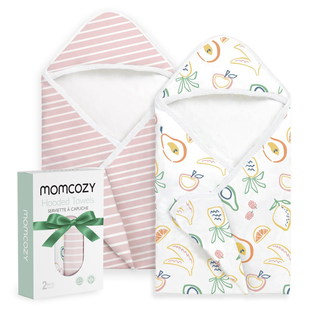 Momcozy hooded baby towel soft cloud; plush comfort after bath.