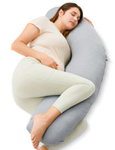 Momcozy J-Shaped Pregnancy Pillow with cooling cover supports comfortable sleep on warm nights