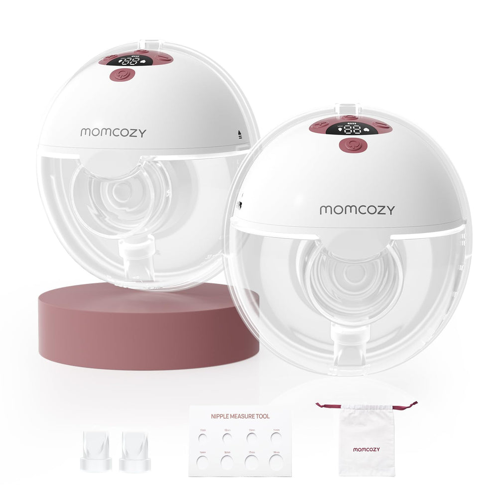 Momcozy M5 Lite wearable pump in use for hands-free pumping on the go.