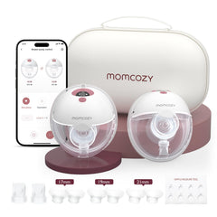 Momcozy M5 Smart app-control image shows convenient phone-adjustable pumping settings