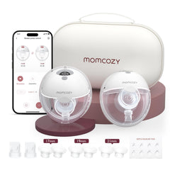 Momcozy M5 app-controlled wearable breast pump front view for hands-free on-the-go pumping