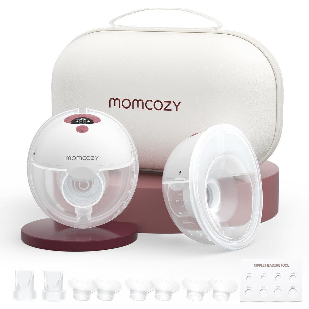 Momcozy M5 wearable breast pump shows portable hands-free pumping for busy days.