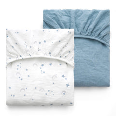 Momcozy blue star moon crib sheet, soft breathable cotton.