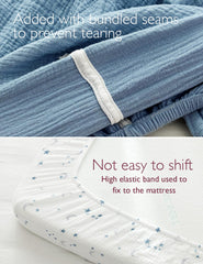 Momcozy Muslin Mini Crib Sheets Fitted—breathable, moisture-absorbing fabric for all-season comfort.