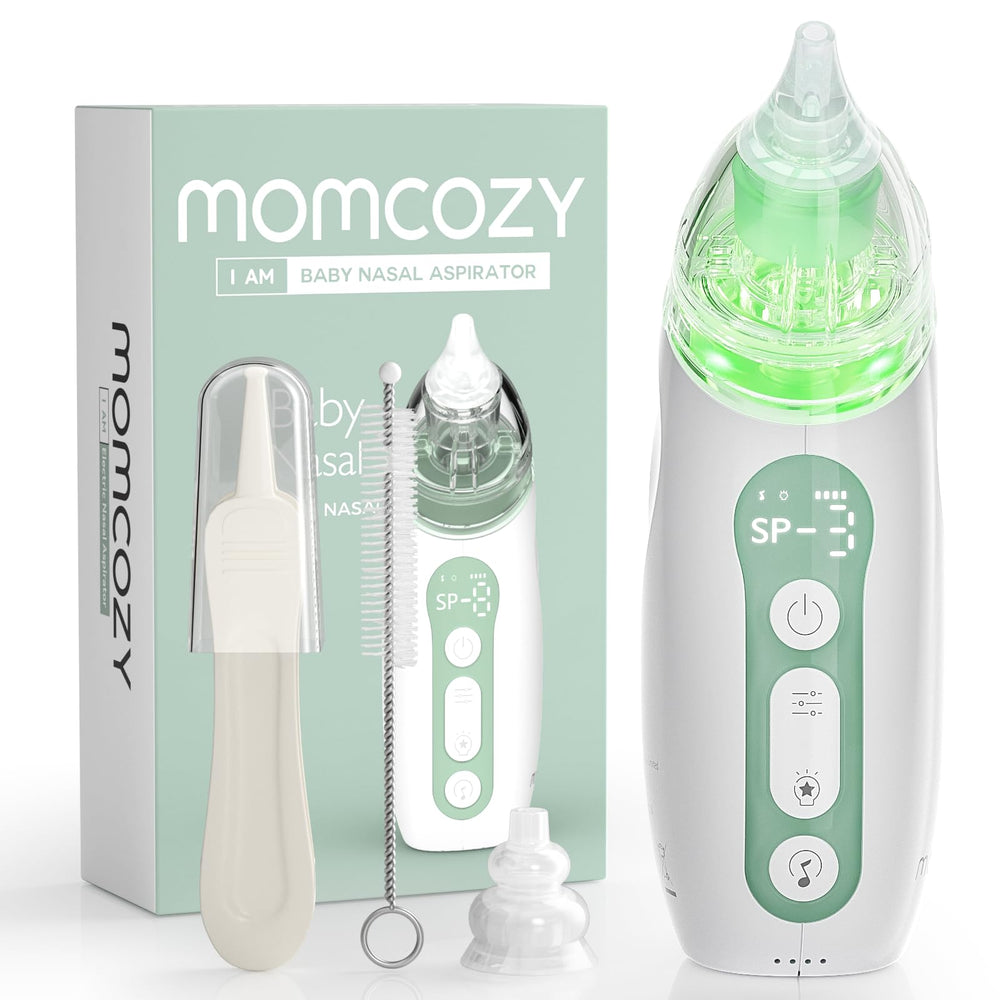 Momcozy nasal aspirator with baby for gentle nasal cleaning on the go