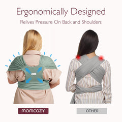 Momcozy newborn in wrap shows snug cradle position for baby.