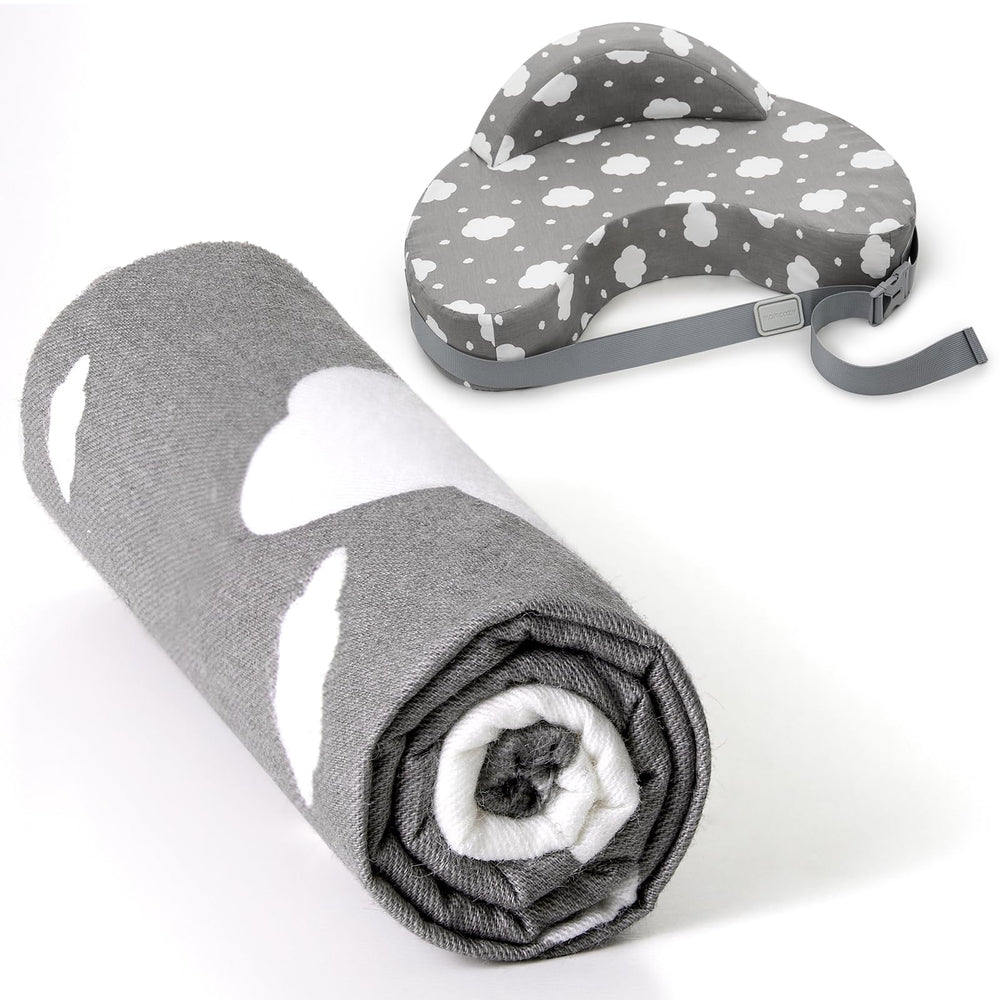 Momcozy nursing pillow cover on memory foam pillow for comfortable latching and easy care.