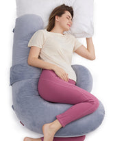 Momcozy original F-shape pillow front view provides complete body support.