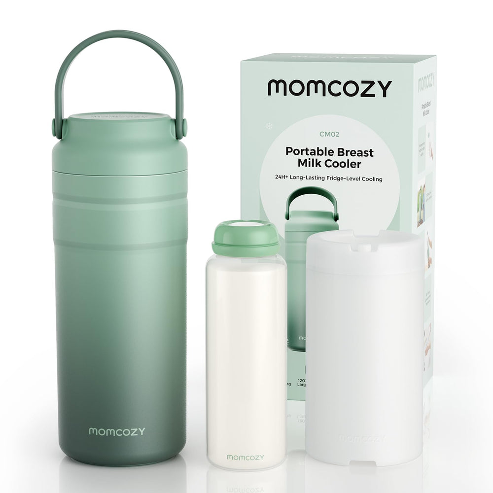 Momcozy portable breast milk cooler for on-the-go feeding.