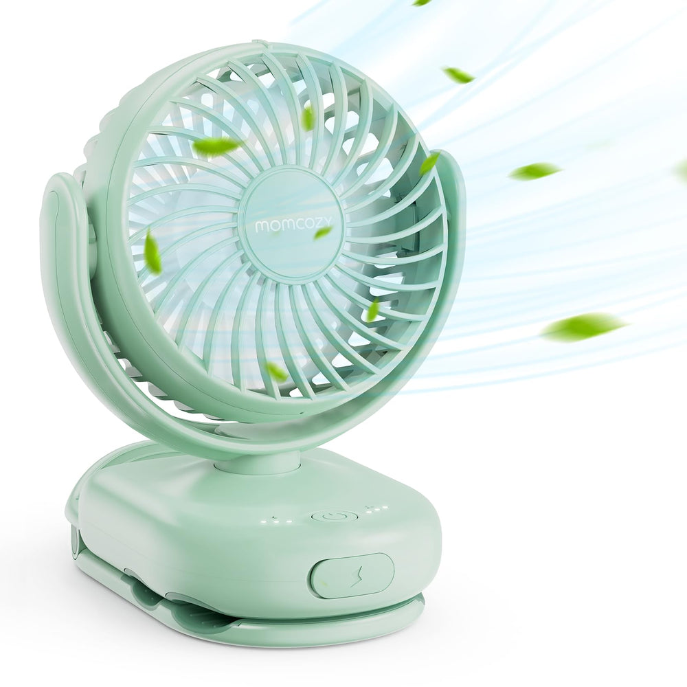 Momcozy portable clip fan attached to a stroller for hands-free cooling