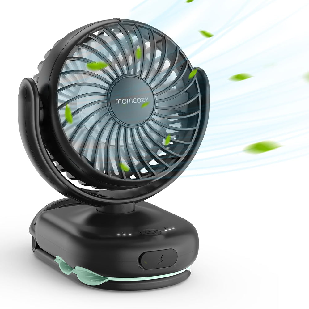 Momcozy portable clip fan attached to stroller for on-the-go cooling