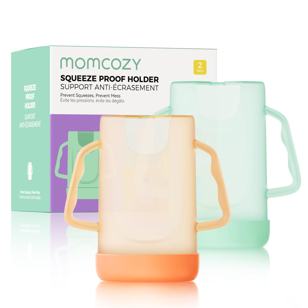 Momcozy pouch holder with ergonomic no-squeeze handle supports easy grip for self-feeding.