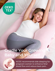 Momcozy pink pregnancy pillow back support view for spine alignment.