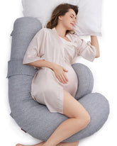 Momcozy original F-shaped pregnancy pillow with air layer cover close-up shows premium comfort