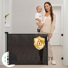 Momcozy retractable baby gate setup for doorway with easy one-handed use.