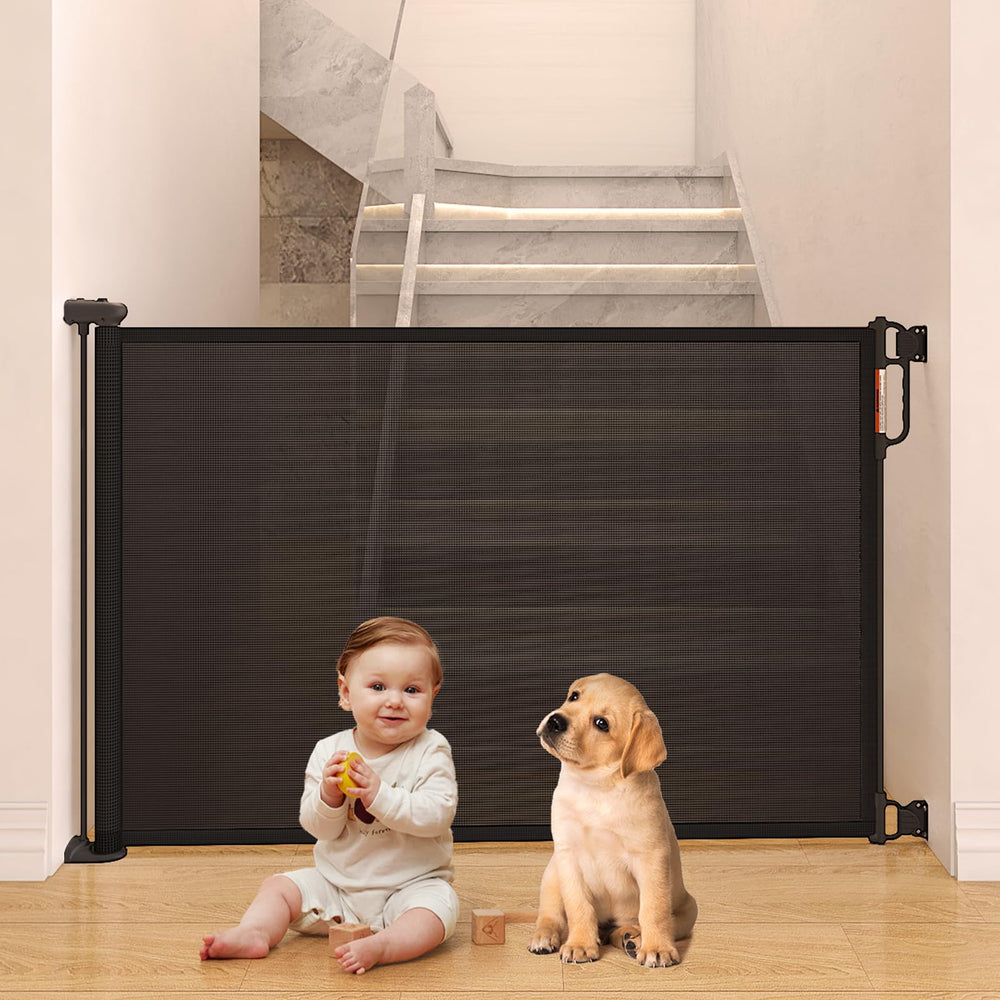 Momcozy retractable gate extended across a wide doorway for safer play.