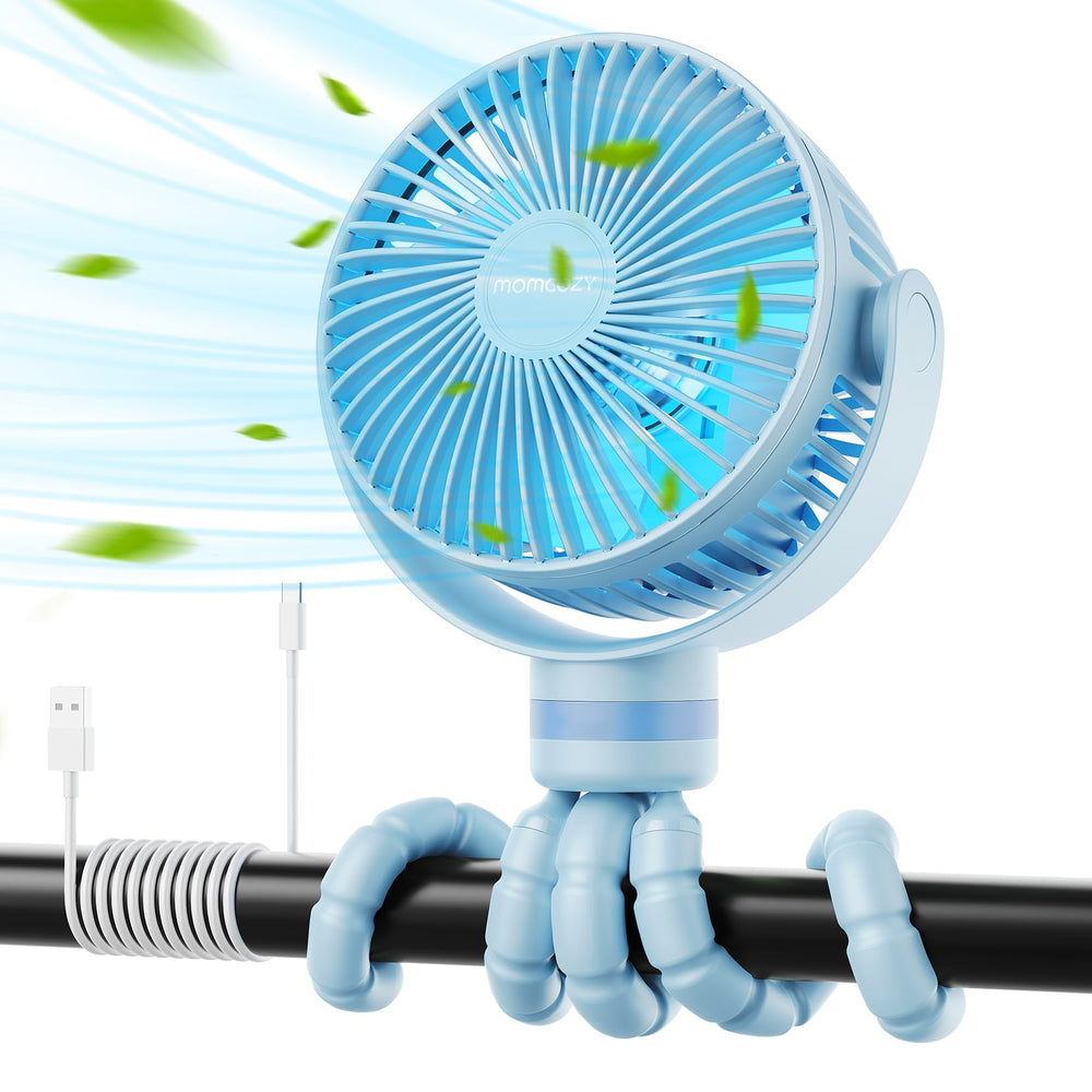 Momcozy stroller fan with 8000mAh battery for long-lasting cooling.