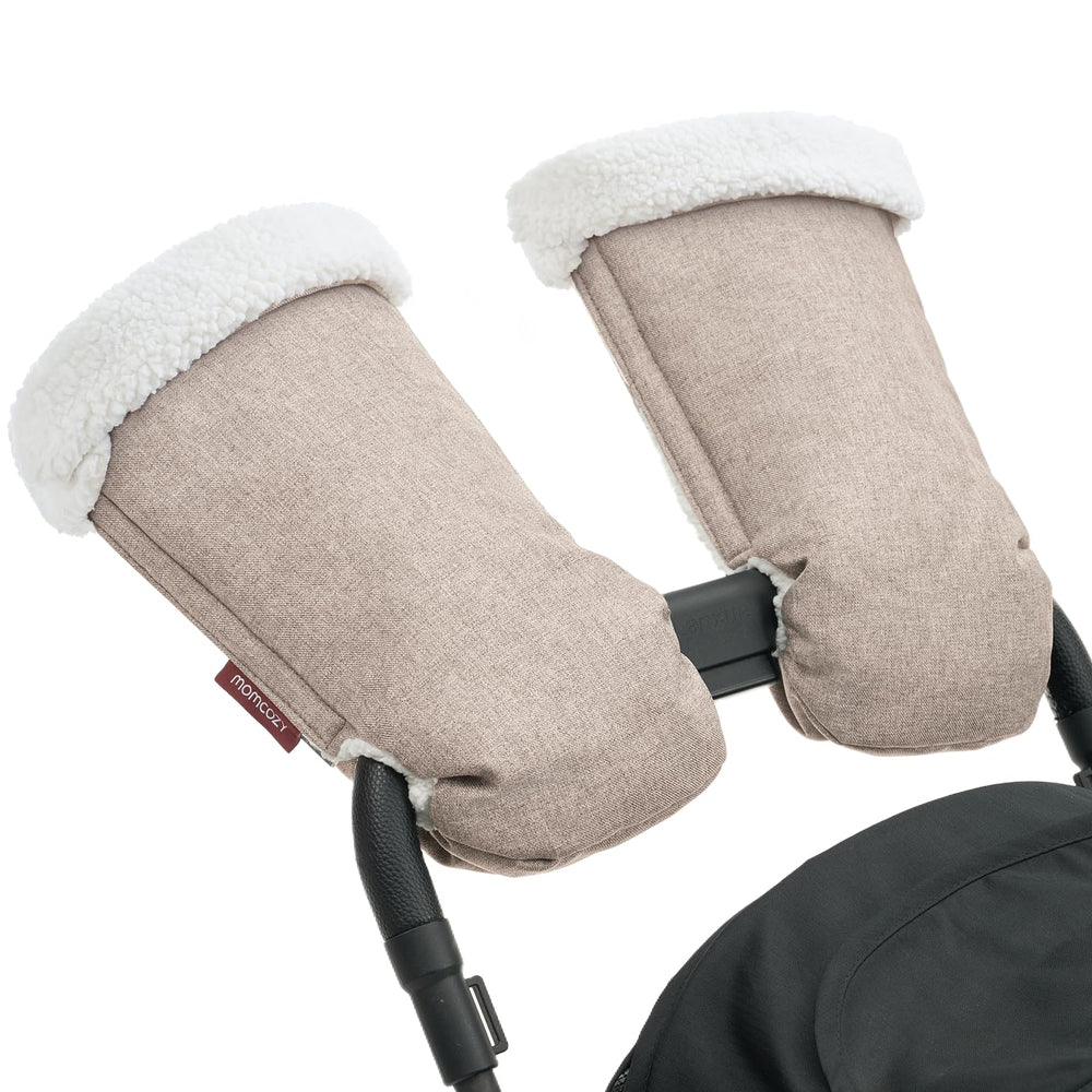 Momcozy Stroller Gloves Warmmuffs on handlebars offer warm hands during winter strolls
