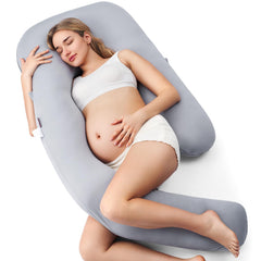 Momcozy U Pro Dreamlign full-body pillow with cooling cover supports total comfort throughout pregnancy.
