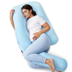 Momcozy U Pro pregnancy pillow with cooling cover supports back and belly for comfort
