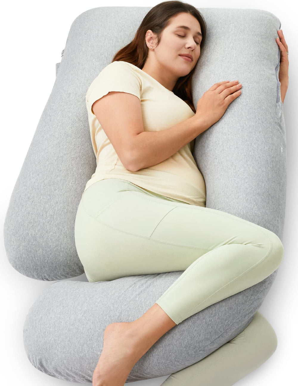 Momcozy U-shaped pregnancy pillow shows the 57-inch full-body design for complete support.